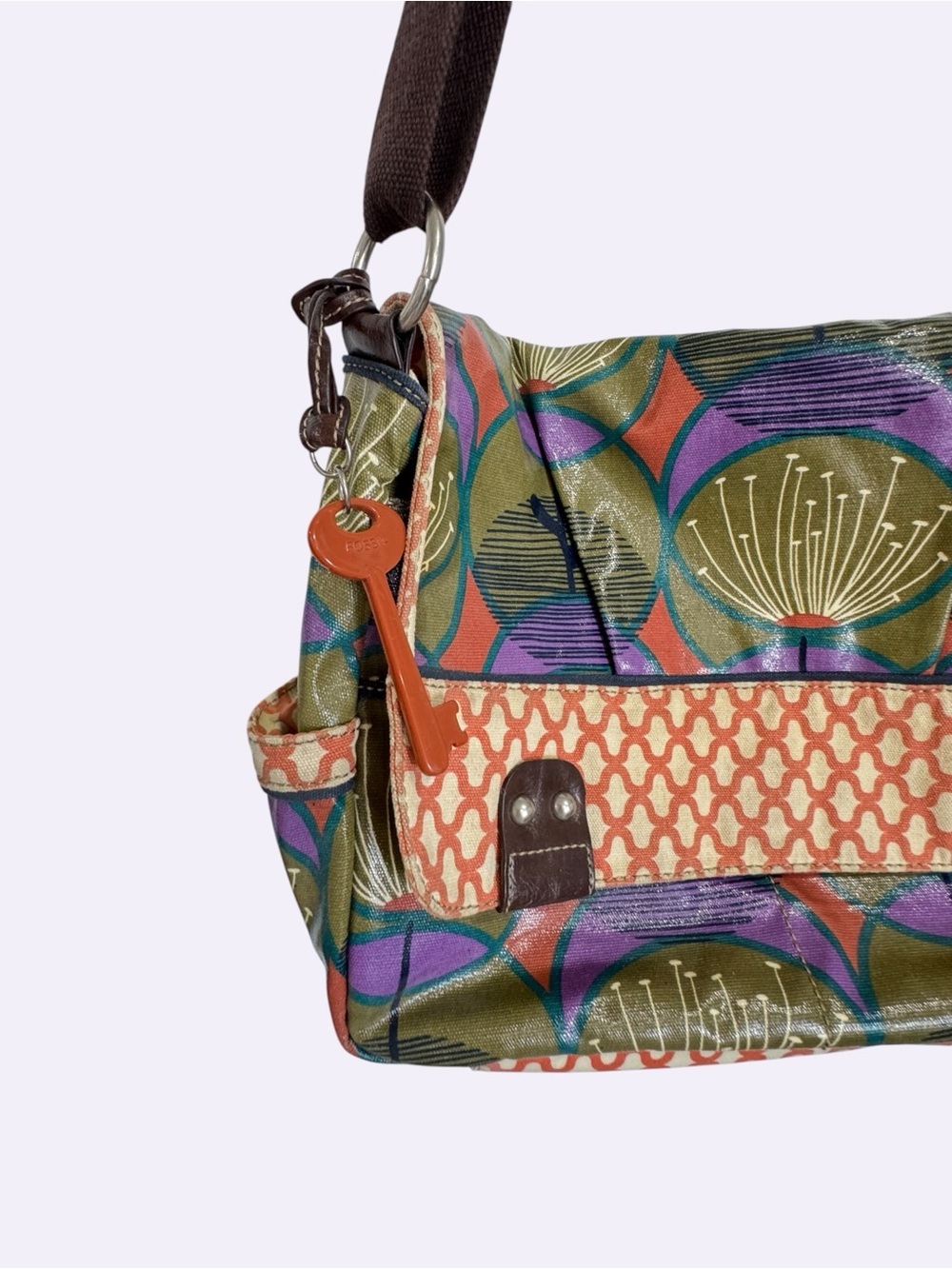 Fossil Floral Coated Canvas Messenger Bag Boho Retro Print Shoulder Purse - Picture 9 of 16